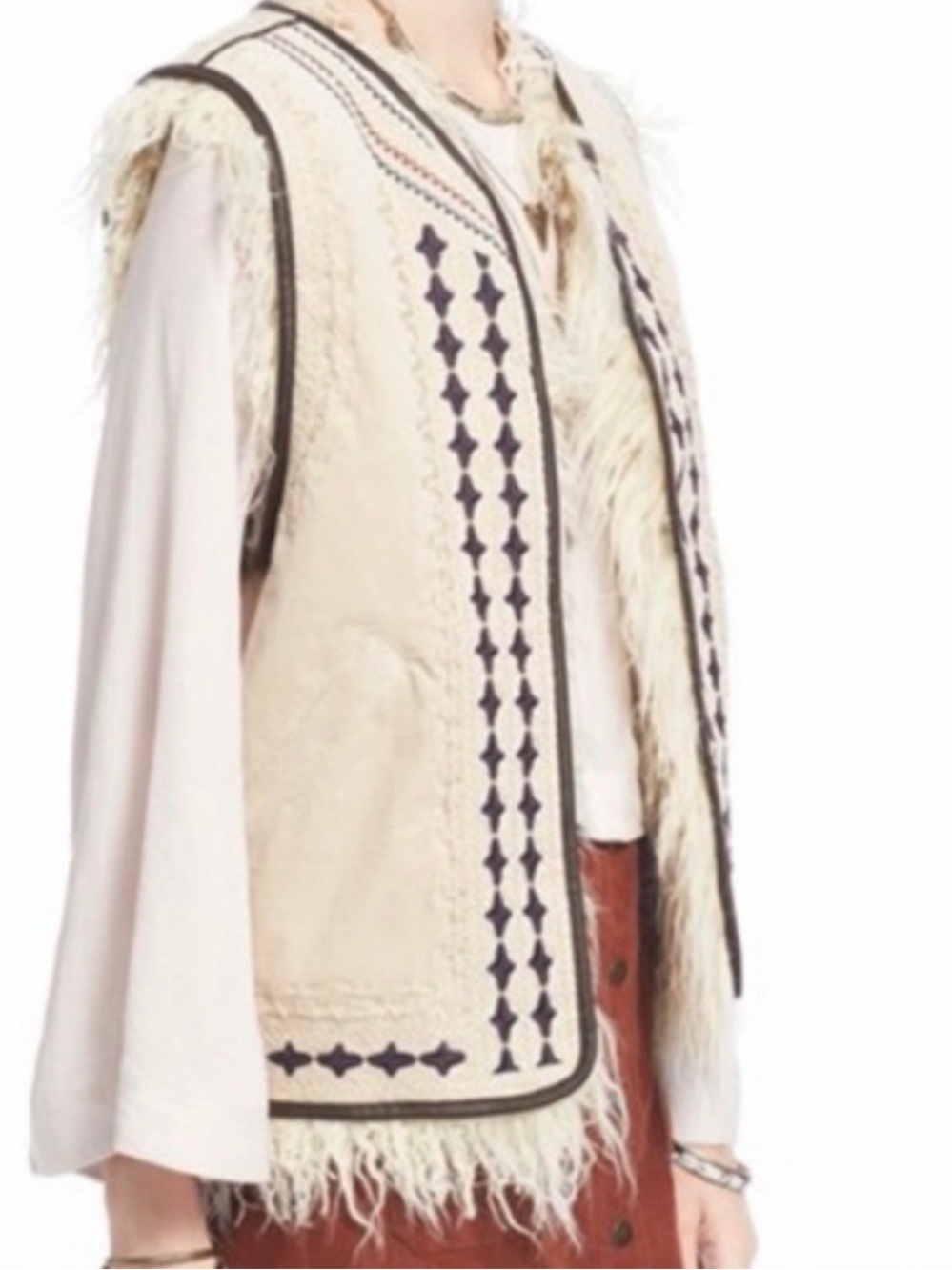 🌿Free People Reversible Embroidered Faux Fur Vest Cream Black Diamond Boho Small